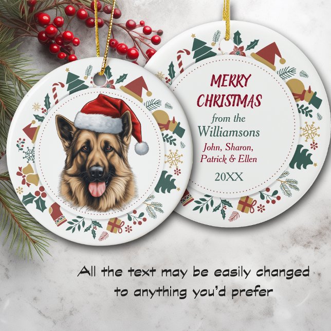 Santa Hat German Shepherd Christmas Images Wreath Ceramic Ornament (Creator Uploaded)
