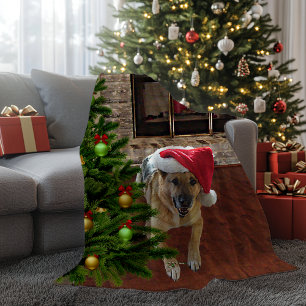 Santa Hat German Shepherd Dog by Christmas Tree Fleece Blanket