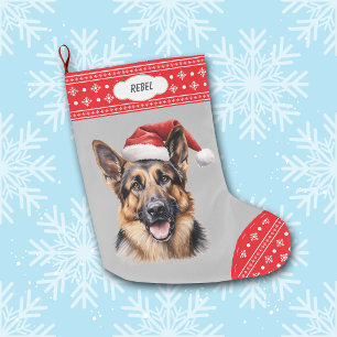 Santa Hat German Shepherd Dog Snowflake Border Large Christmas Stocking