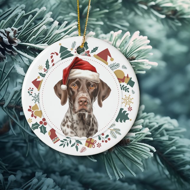 Santa Hat German Shorthaired Pointer Wreath Ceramic Ornament (Creator Uploaded)