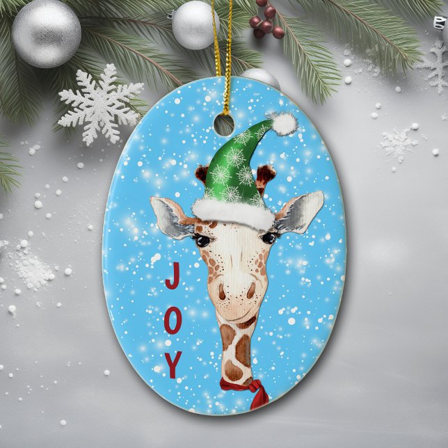 Santa Hat Giraffe Snowflake Background Kids Ceramic Ornament (Creator Uploaded)