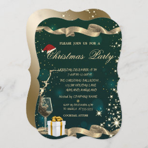 Santa Hat,Glass,Present Green Corporate Christmas  Invitation
