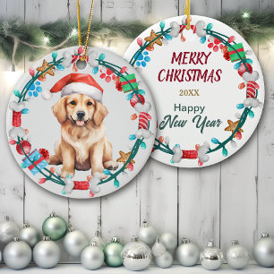 Santa Hat Golden Retriever Puppy Bone Wreath Ceramic Ornament