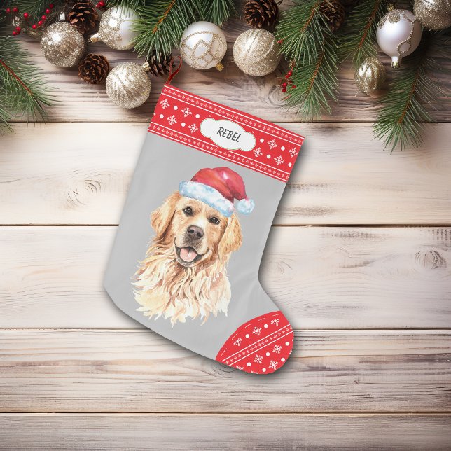Santa Hat Golden Retriever Snowflake Border Large Christmas Stocking (Creator Uploaded)