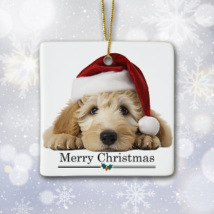 Santa Hat Goldendoodle Dog Merry Christmas Ceramic Ornament
