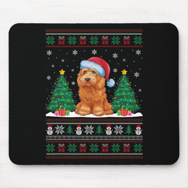 Santa Hat Goldendoodle Dog Xmas Tree Lights Ugly S Mouse Pad (Front)