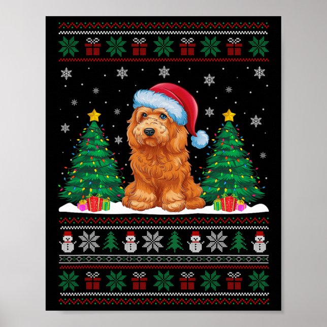 Santa Hat Goldendoodle Dog Xmas Tree Lights Ugly S Poster (Front)