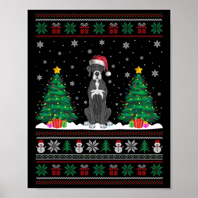 Santa Hat Great Dane Dog Christmas Tree Lights Ugl Poster (Front)