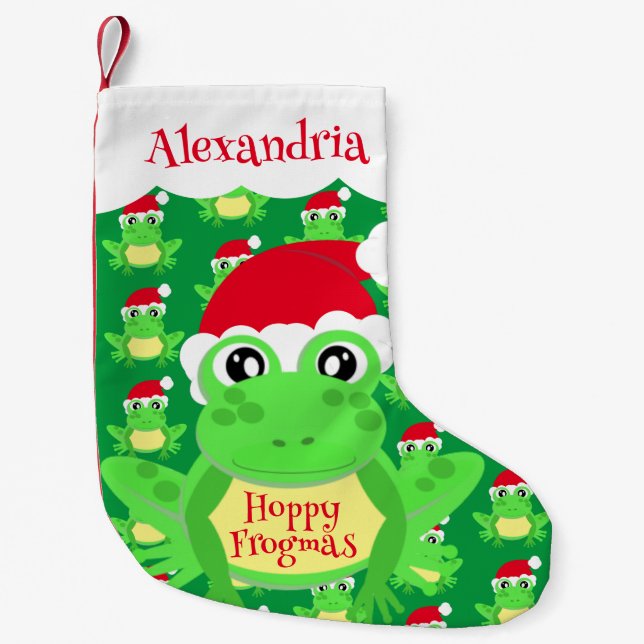 Santa Hat Green Frog Cartoon Pattern Name Novelty Small Christmas Stocking (Front)