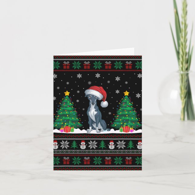 Santa Hat Greyhound Dog Christmas Tree Lights Ugly Card (Front)