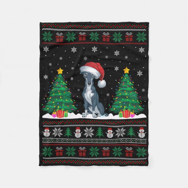 Santa Hat Greyhound Dog Christmas Tree Lights Ugly Fleece Blanket (Front)