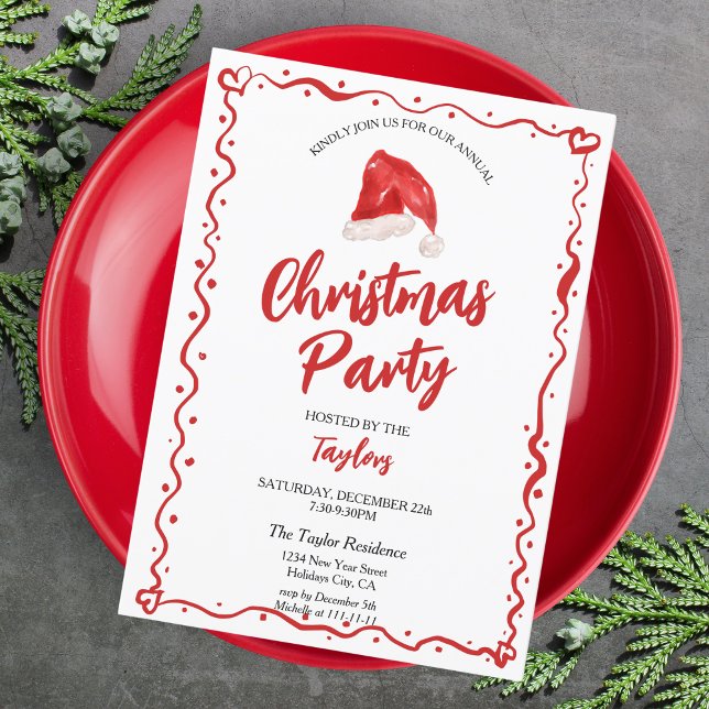 Santa Hat Hand Drawn Christmas Dinner Party Invitation (Creator Uploaded)