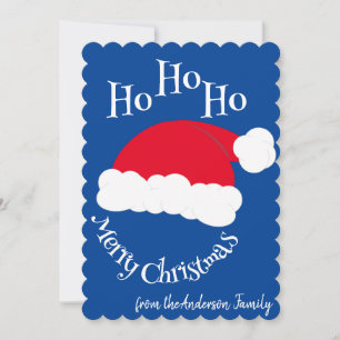 Santa Hat Ho Ho Ho Merry Christmas Blue White Holiday Card