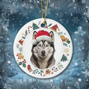 Santa Hat Husky Dog Christmas Images Wreath Ceramic Ornament