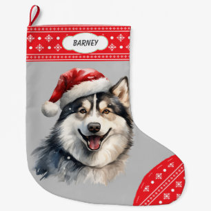 Santa Hat Husky Dog Snowflake Border Large Christmas Stocking