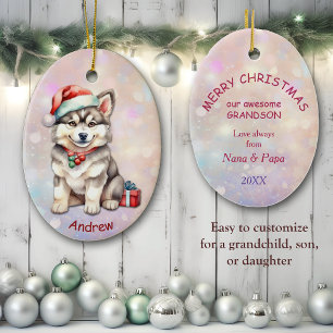 Santa Hat Husky Puppy Grandson Ceramic Ornament