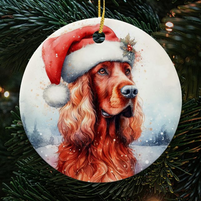 Santa Hat Irish Setter Dog Christmas Ceramic Ornament (Creator Uploaded)