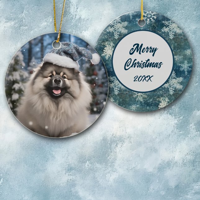 Santa Hat Keeshond Snowflake Christmas Ceramic Ornament (Creator Uploaded)