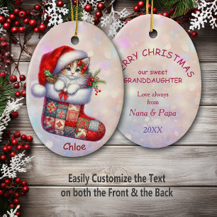 Santa Hat Kitten in Stocking Granddaughter Ceramic Ornament
