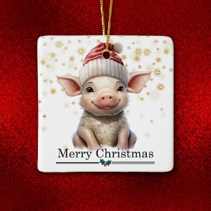 Santa Hat Little Pig Merry Christmas Ceramic Ornament