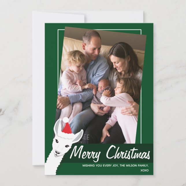 Santa Hat Llama Green White Tilted Photo Holiday Card (Front)