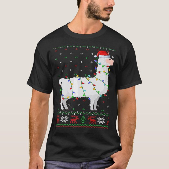 Santa Hat Llama Xmas Lights Ugly Llama Christmas T-Shirt (Front)