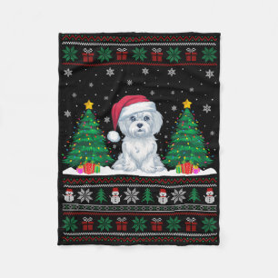 Santa Hat Maltese Dog Christmas Tree Lights Ugly S Fleece Blanket