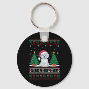 Santa Hat Maltese Dog Christmas Tree Lights Ugly S Key Ring