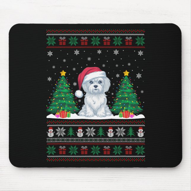 Santa Hat Maltese Dog Christmas Tree Lights Ugly S Mouse Pad (Front)
