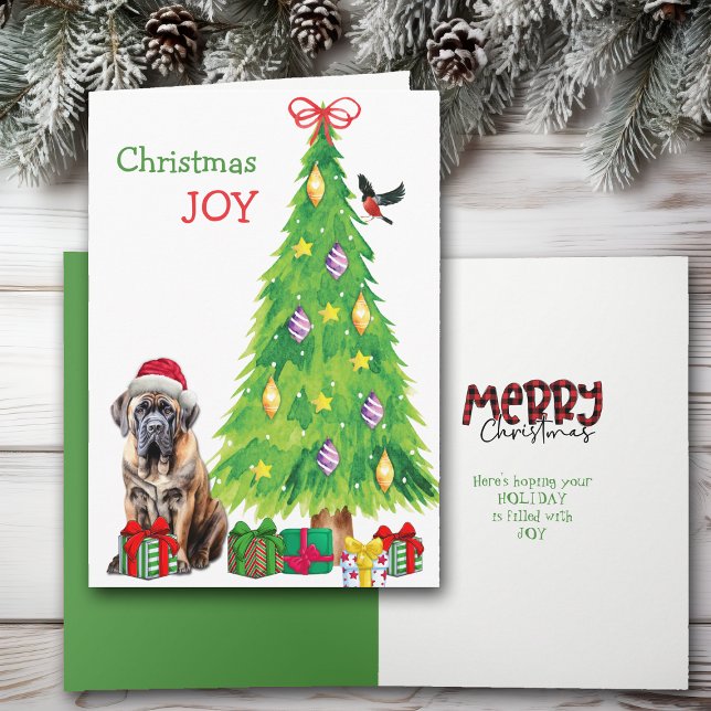 Santa Hat Mastiff, Bird and Christmas Tree Holiday Card (Creator Uploaded)