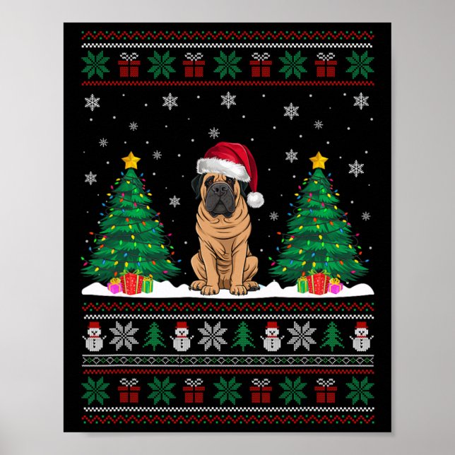 Santa Hat Mastiff Dog Christmas Tree Lights Ugly S Poster (Front)