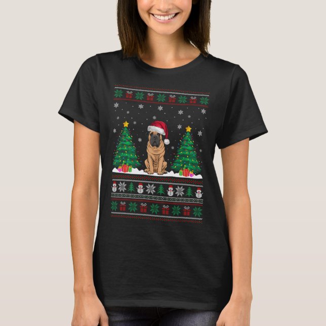 Santa Hat Mastiff Dog Christmas Tree Lights Ugly S T-Shirt (Front)
