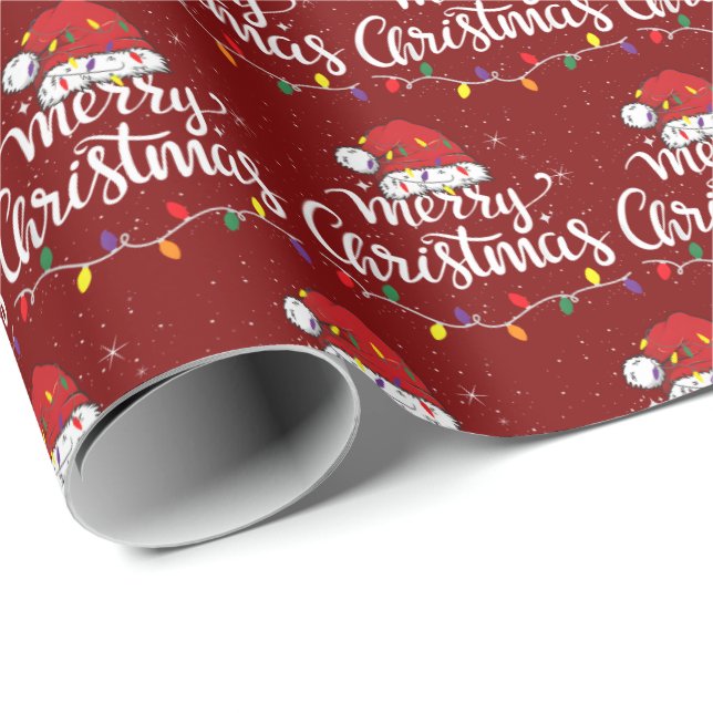 Santa Hat Merry Christmas Lights Xmas Family Red Wrapping Paper (Roll Corner)