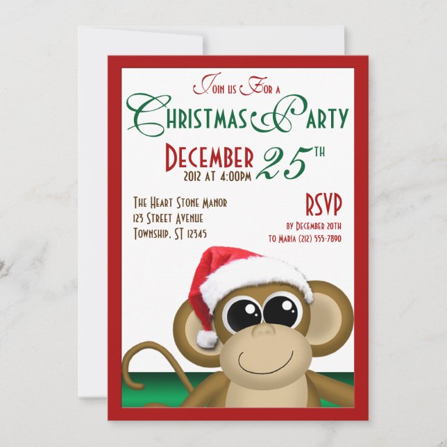 Santa Hat Monkey 5"x7" Christmas Party Invitations (Front)