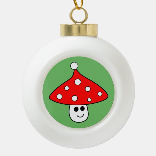 Santa Hat Mushroom Ceramic Ball Ornament (Front)