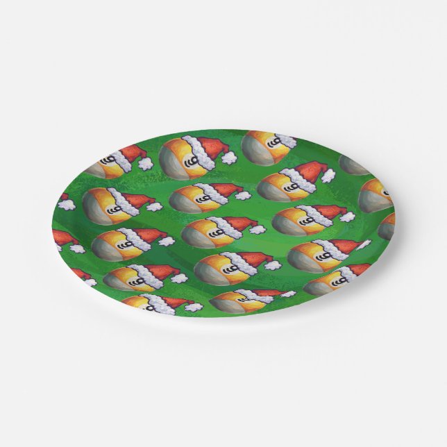 Santa Hat Nine Ball Pattern on Green Paper Plate (Angled)