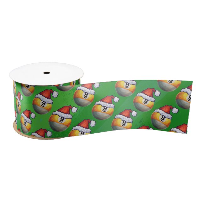Santa Hat Nine Ball Pattern on Green Satin Ribbon (Spool)