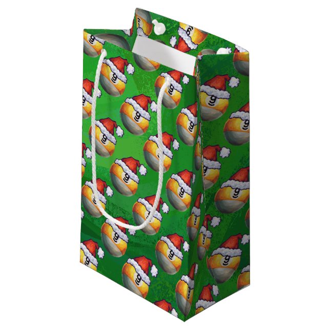Santa Hat Nine Ball Pattern on Green Small Gift Bag (Front Angled)