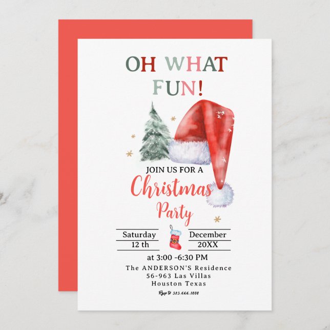 Santa Hat Oh What Fun Christmas Party Invitation (Front/Back)