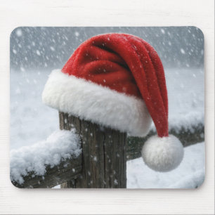 Santa Hat On a Snowy Fence Post Mouse Pad