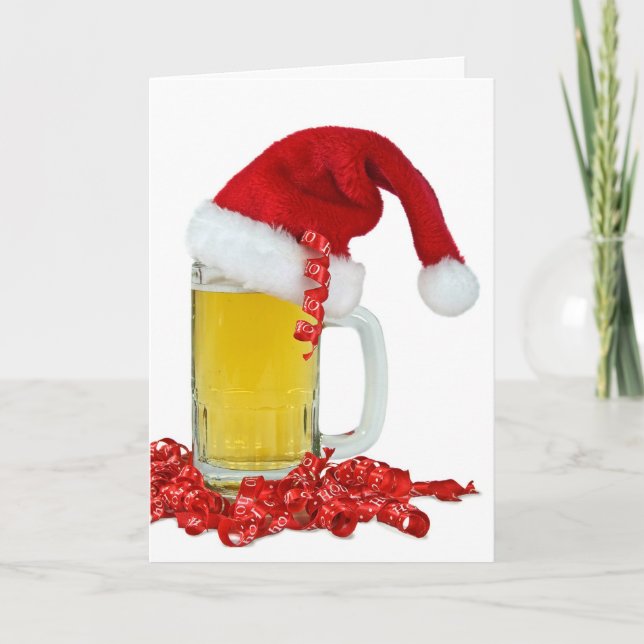Santa Hat on Beer Mug  Holiday Card (Front)