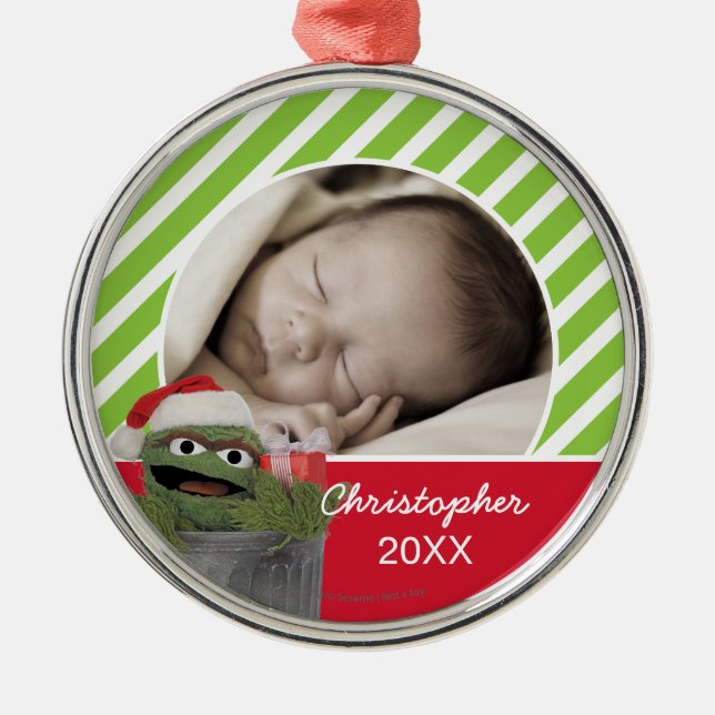 Santa Hat Oscar the Grouch | Add Your Name Metal Tree Decoration (Front)