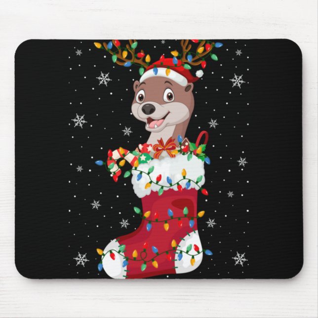 Santa Hat Otter Animal In Socks Xmas Tree Lights  Mouse Pad (Front)