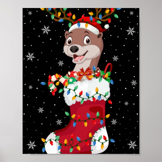 Santa Hat Otter Animal In Socks Xmas Tree Lights  Poster (Front)