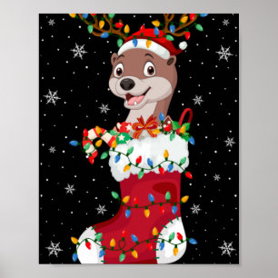 Santa Hat Otter Animal In Socks Xmas Tree Lights T Poster