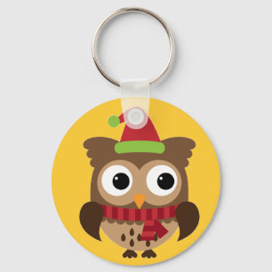 Santa Hat Owl with Red Scarf Button Keychain