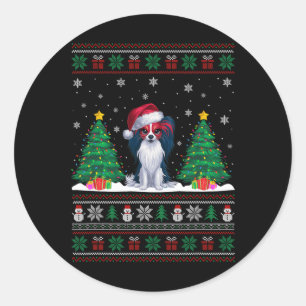 Santa Hat Papillon Dog Christmas Tree Lights Ugly Classic Round Sticker