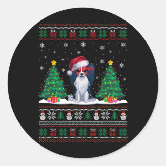 Santa Hat Papillon Dog Christmas Tree Lights Ugly  Classic Round Sticker