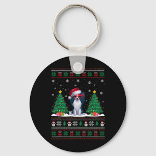 Santa Hat Papillon Dog Christmas Tree Lights Ugly Key Ring