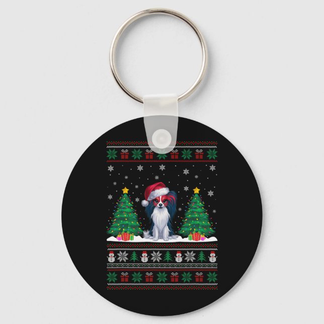 Santa Hat Papillon Dog Christmas Tree Lights Ugly  Key Ring (Front)
